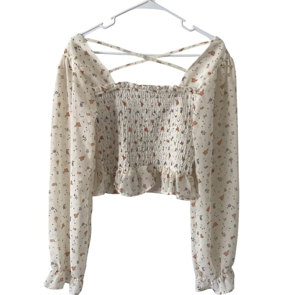 Cottagecore Floral Smocked Crop Top Puff Sleeve Peasant Boho Blouse L - Picture 3 of 9